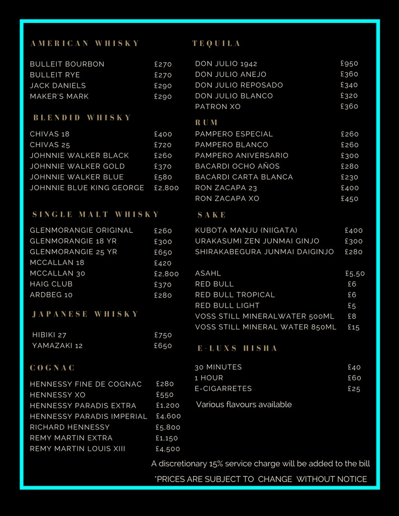 Charlie Drinks and Bottle Prices Menu