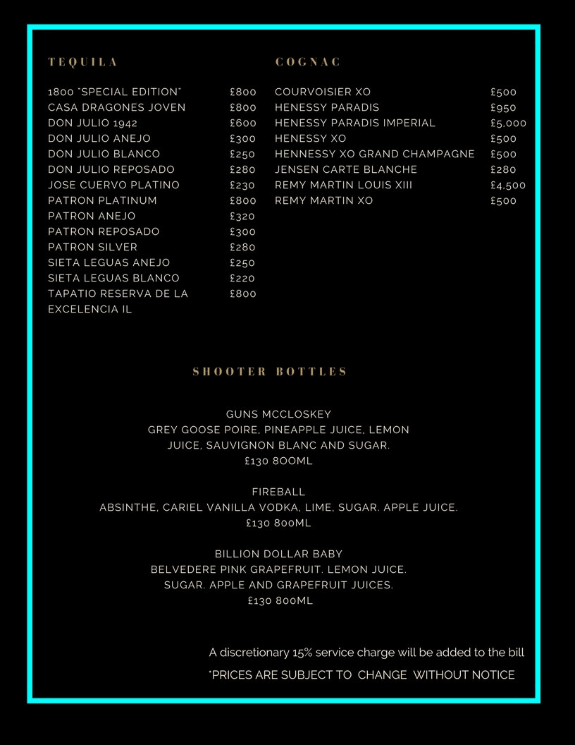 Cuckoo Club Drinks and Bottle Prices Menu