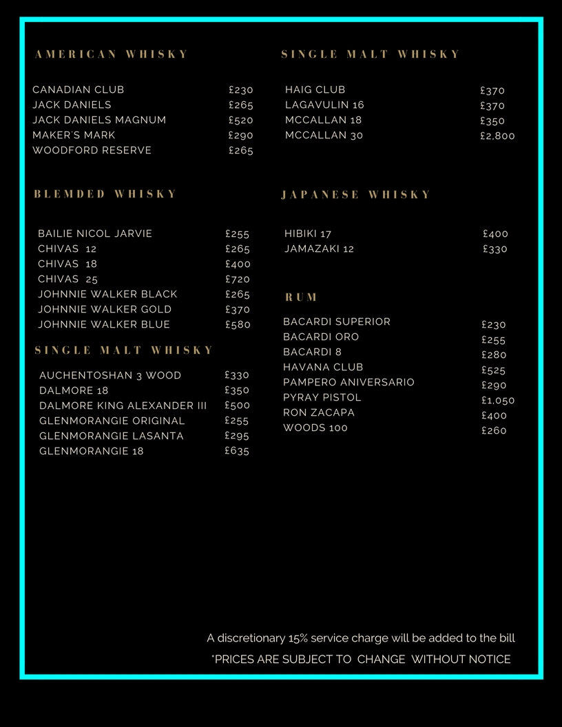 Project Drinks and Bottle Prices Menu