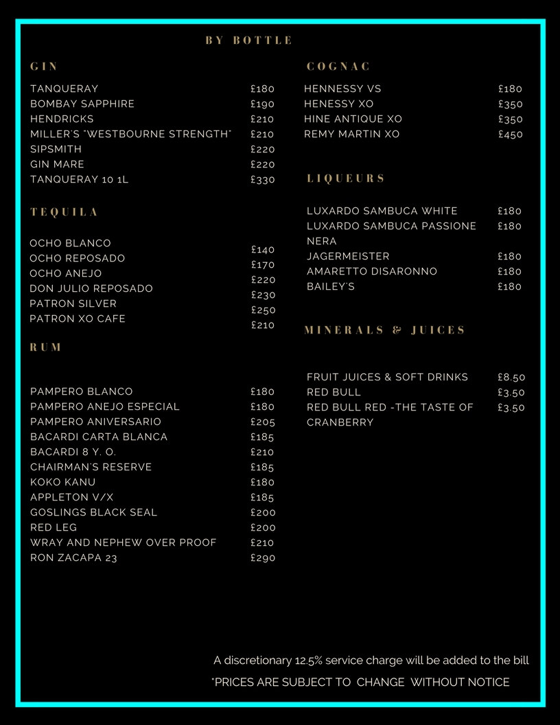 Roof Gardens Drinks and Bottle Prices Menu