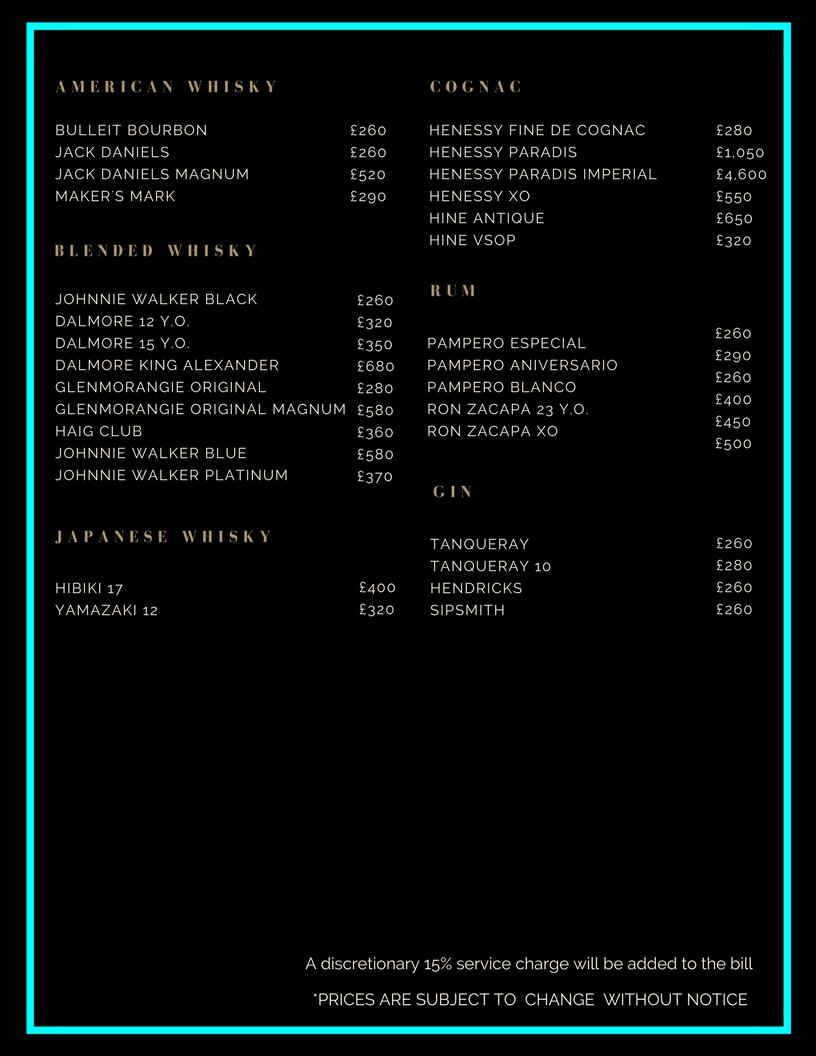 Toy Room Drinks and Bottle Prices Menu