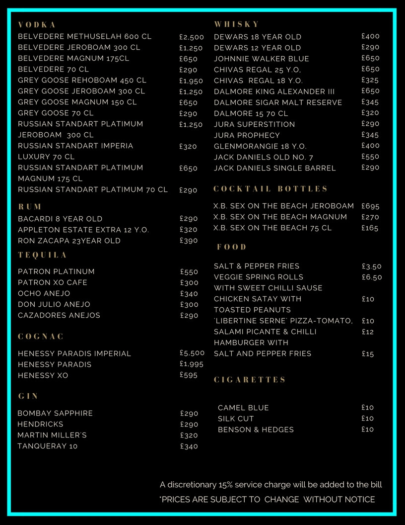Libertine Drinks and Bottle Prices Menu