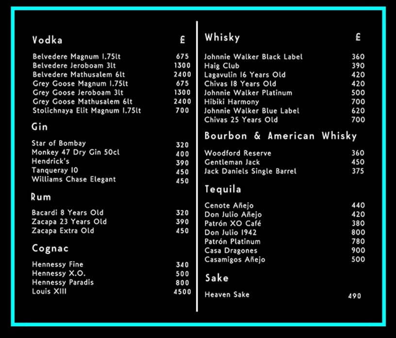 Opium Drinks and Bottle Prices Menu