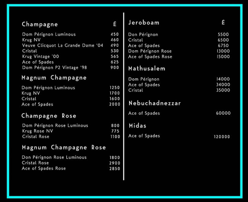 Opium Drinks and Bottle Prices Menu